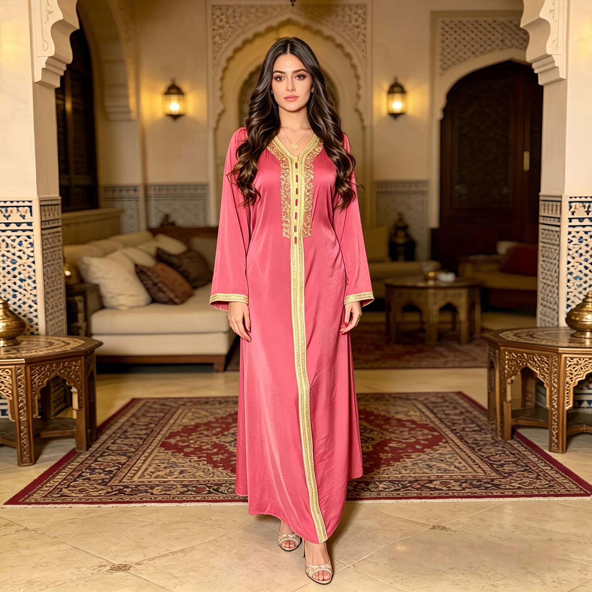 Moroccan Velvet Rhinestone Patchwork Ribbon Trim Plus Size Modest Maxi Dress