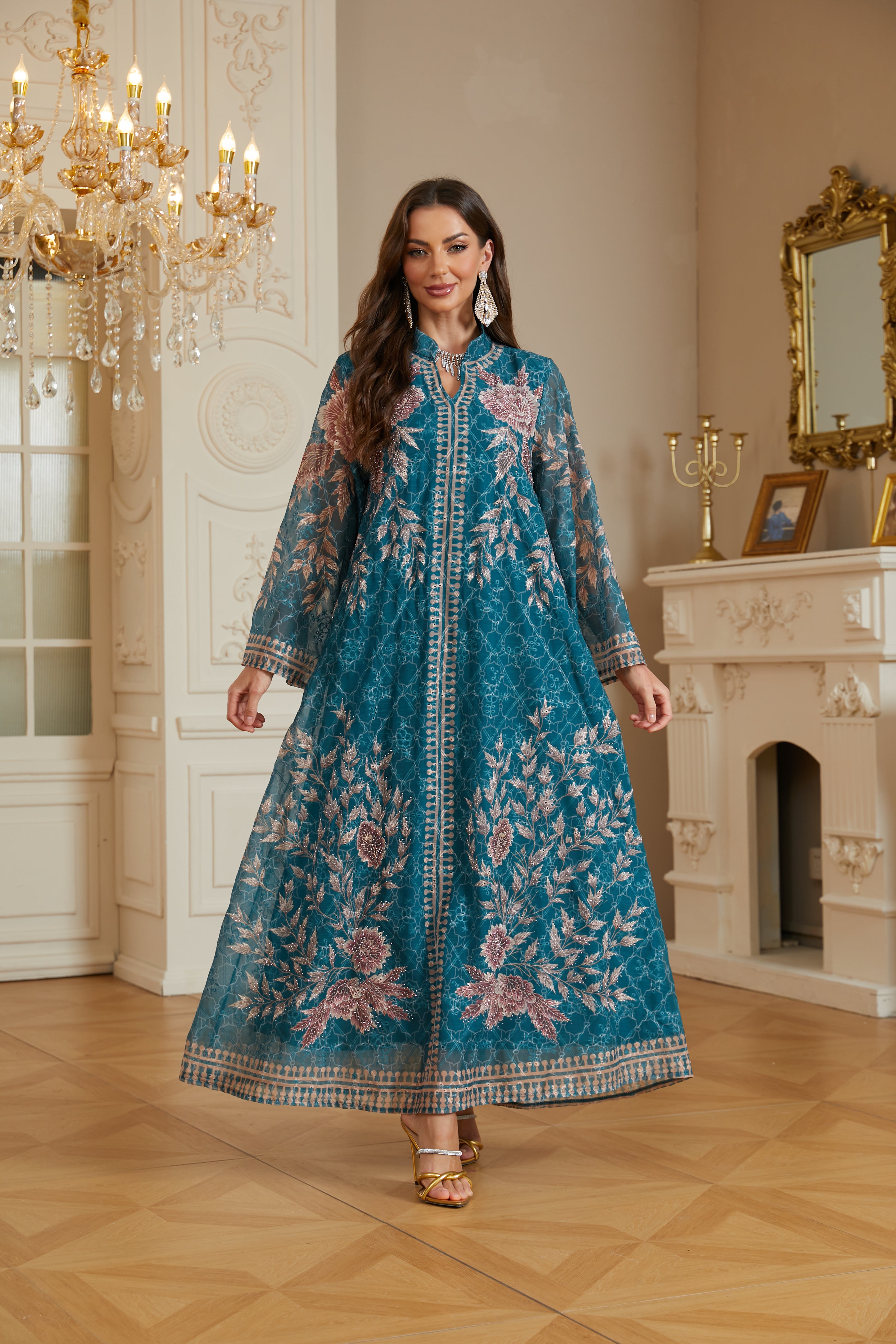 Elegant Peacock Blue Kaftan Abaya Jalabiya Modest Maxi Dress for Muslim Women Eid Ramadan Daily Wear Loose Floor Length Long Robe S-XXL