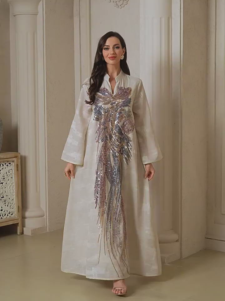 Long tulle embroidered sequinned abaya dress, featuring a unique design and exuding sophistication and elegance, perfect for parties and formal dinners